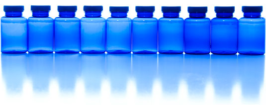 Line of blue bottles